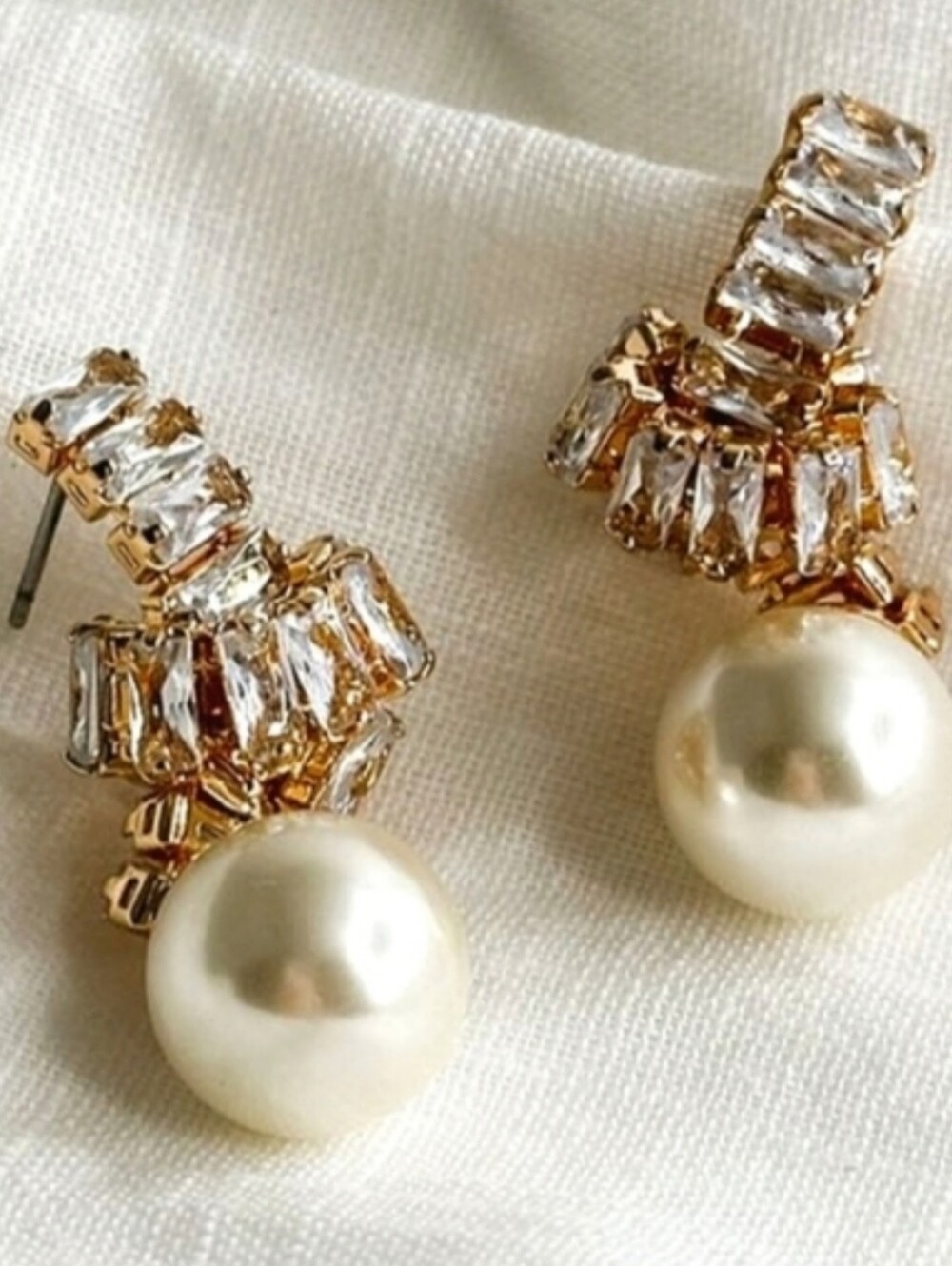 Petite Gold Faux Pearl Drop Statement Earrings With Zirconia Baguettes; NWOT